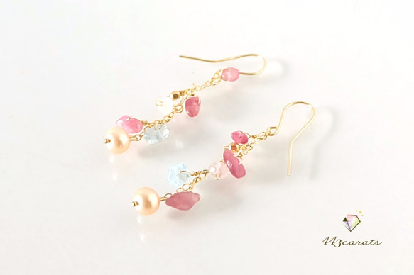 粉紅電氣石春天耳環 - 14Kgf, 包金, 海藍寶石, 玫瑰石英, 珍珠 第2張的照片