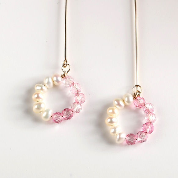 Pink Topaz x Pearl-Bicolor Circle Earrings / K14GF（金屬配件更換OK） 第1張的照片
