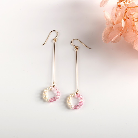 Pink Topaz x Pearl-Bicolor Circle Earrings / K14GF（金屬配件更換OK） 第2張的照片