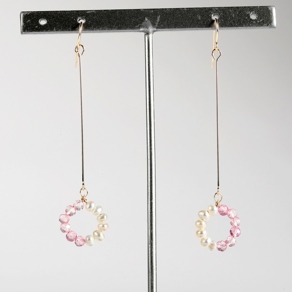 Pink Topaz x Pearl-Bicolor Circle Earrings / K14GF（金屬配件更換OK） 第4張的照片