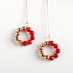 Red Coral x GD Hematite --Bicolor Circle Earrings / K14GF (金屬配件更 第2張的照片