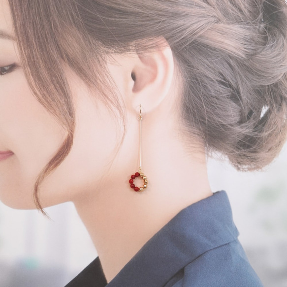 Red Coral x GD Hematite --Bicolor Circle Earrings / K14GF (金屬配件更 第3張的照片