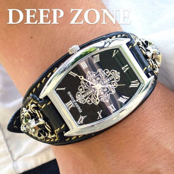 腕時計 本革 レザーブレス ウォッチ 時計 メンズ レザーベルト Deep zone 黒 3枚目の画像