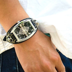 腕時計 本革 レザーブレス ウォッチ 時計 メンズ レザーベルト Deep zone 黒 4枚目の画像