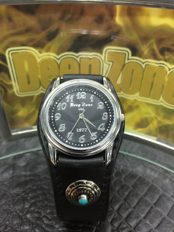 腕時計 メンズ レザー ブレス ウォッチ ブラック レザーベルト Deep zone 1枚目の画像