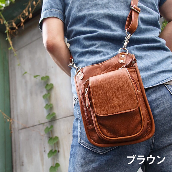 メンズ　bag レザーヒップバッグ、2way ショルダーバッグ ブラウン 1枚目の画像