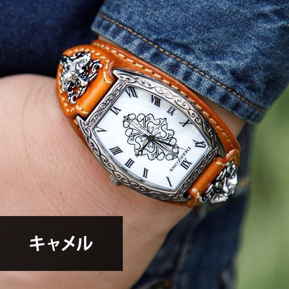 イタリアンレザーブレス 腕時計 アラベスク模様 メンズ ブラウン革 ハード系 コンチョデザイン 1枚目の画像