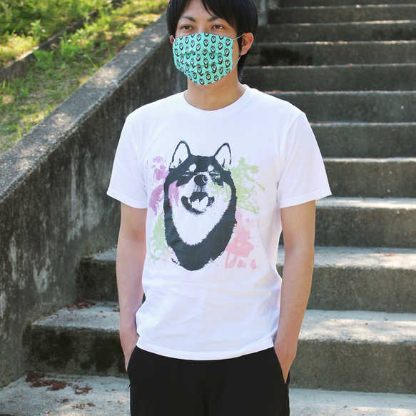 【送料無料】マスクコーデ Mサイズセット：色とサイズが選べる夏マスク＆おそろい柴犬柄の半袖Tシャツ＜M＞ 2枚目の画像