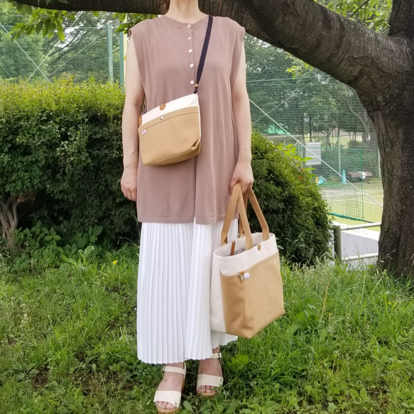 【特集掲載】送料無料！帆布サコッシュ(ｱｸﾘﾙｼｮﾙﾀﾞｰ15㍉)☆キナリ×ミルクティ 6枚目の画像