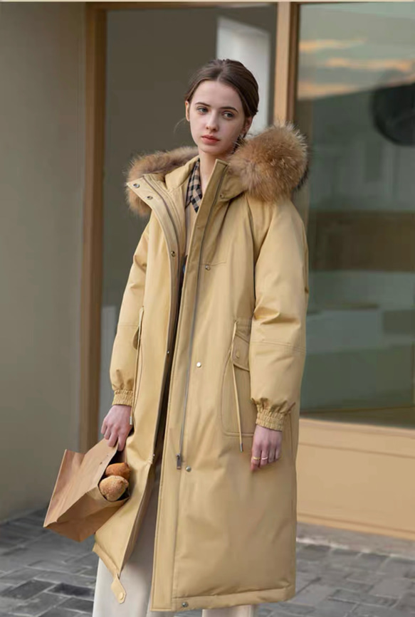 ベージュ ロングダウンジャケット セール】ロングダウンコート ファー