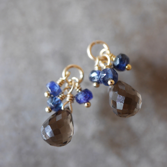 煙晶和藍寶石耳環吊飾 ♡ K14GF 第3張的照片