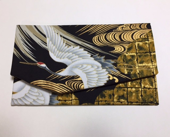 ◆金波と優美な鶴の袱紗◆Konabay Fabrics.　黒 1枚目の画像