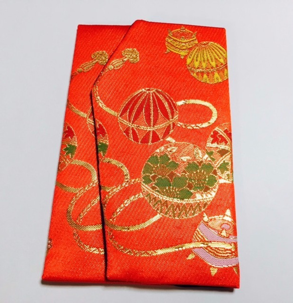◆完成品◆豪華6色糸金襴生地袱紗◆赤系　毬と糸巻き 5枚目の画像