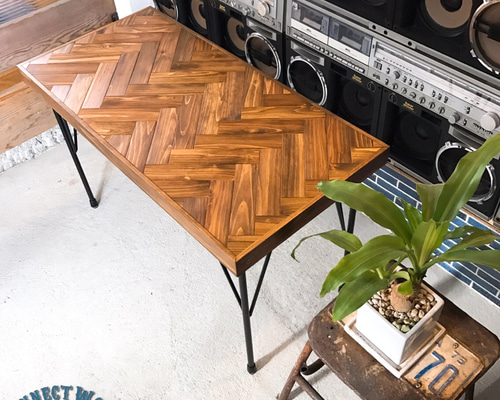 ★tyo★ハンドメイドヘリンボーンテーブル 杉無垢 ヘリンボーン柄 ダイニングテーブル ダイニングテーブル