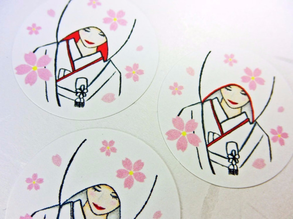 【プチギフトシール】春の花嫁　桜に包まれる白無垢 　ラッピングにも　直径3cm全3種48枚 3枚目の画像