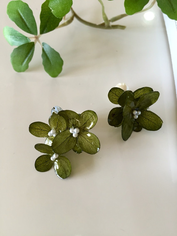⭐︎⭐︎【秋冬新品】多多的繡球花耳環～苔綠色～ 第1張的照片