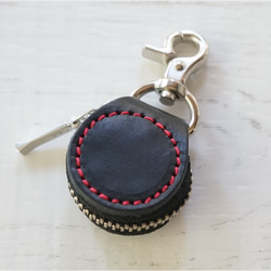 丸（黒）×かぶせ（黒）赤ステッチ★コインケース★電子マネーも入ります★（牛革製）全50色 2枚目の画像