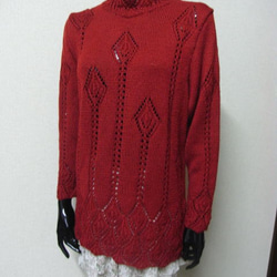 裾、袖口、衿がレーシーなチュニックニット（ＭＬ）赤 2枚目の画像