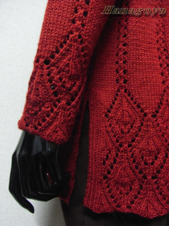 裾、袖口、衿がレーシーなチュニックニット（ＭＬ）赤 3枚目の画像