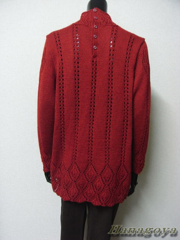 裾、袖口、衿がレーシーなチュニックニット（ＭＬ）赤 4枚目の画像