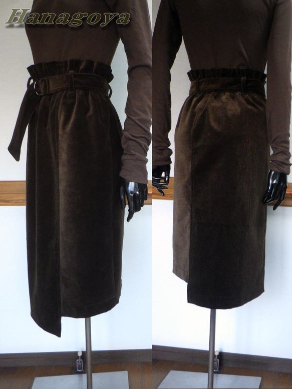 コーデュロイ縦横切り替えDカンベルト付きスカート（11号サイズ）ダークブラウン 1枚目の画像