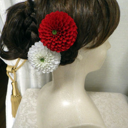 組み合わせ色々～中輪ぽんぽん菊のコサージュ＆髪飾り（祝紅） 4枚目の画像