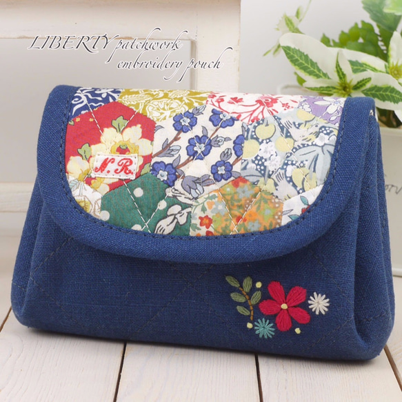 刺繍とリバティパッチワーク☆アコーディオンポーチ「インディゴブルー 