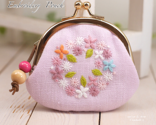 ちいさな刺繍プチがま口ポーチ☆ピンク がま口 marinedrop 通販