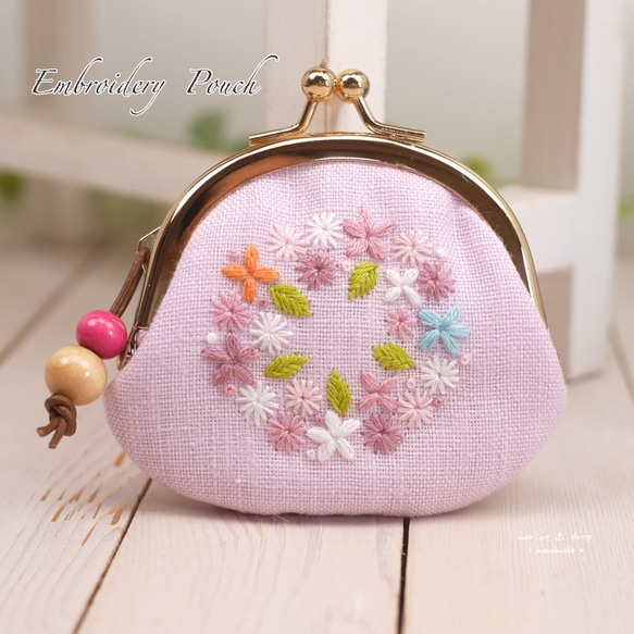 ちいさな刺繍プチがま口ポーチ☆ピンク がま口 marinedrop 通販