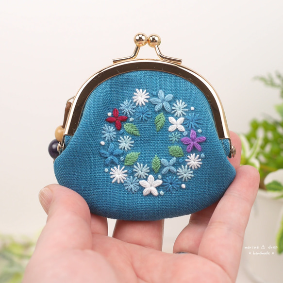 ちいさな刺繍プチがま口ポーチ☆ターコイズ 8枚目の画像