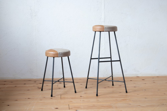 【送料無料】TWO TONE STOOL HIGH/パッチワーク/本革/帆布/アイアン 4枚目の画像