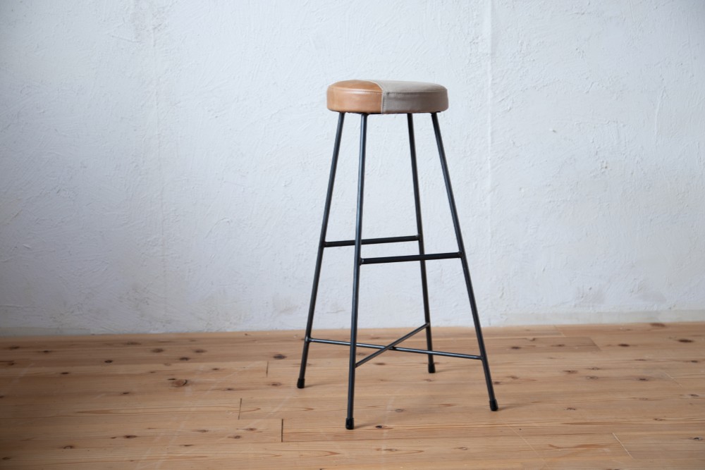 【送料無料】TWO TONE STOOL HIGH/パッチワーク/本革/帆布/アイアン/インテリア