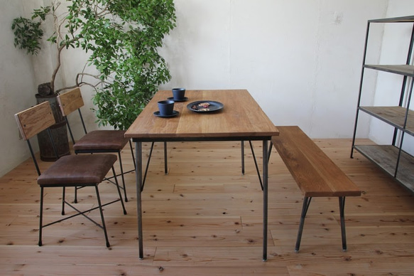 【送料無料】【セット割引】OAK DINING TABLE SET(テーブル1200、本革椅子2脚、ベンチ1200) 1枚目の画像