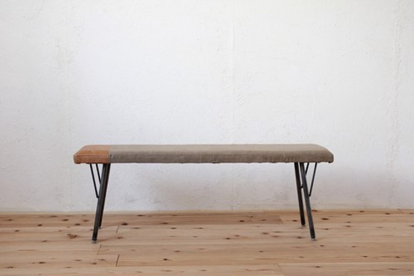 【送料無料】TWO TONE BENCH/ベンチ/本革/帆布/アイアン 3枚目の画像