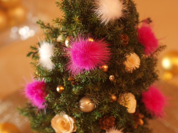 【スワロフスキーつき】ファーがふわふわ  クリスマスツリー 　☆ベリーピンク 2枚目の画像