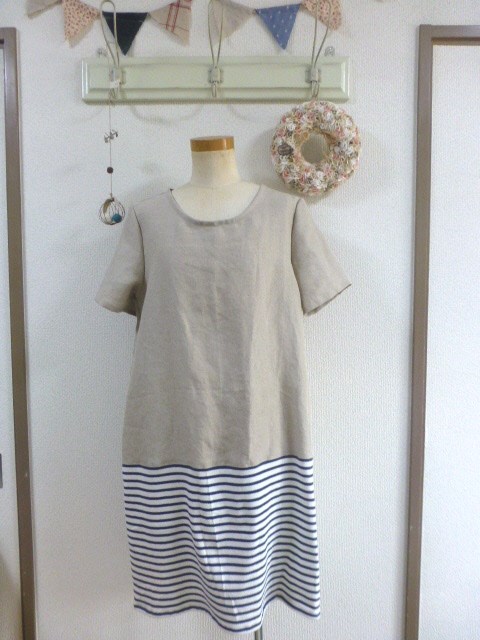 ナチュラルリネン100％生地xボーダーニット生地切り替えワンピース