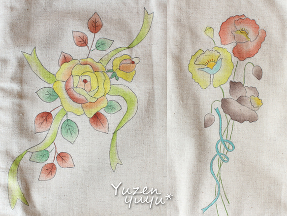 【値下げ】ポピーとバラの手描き手提げバッグ 3枚目の画像