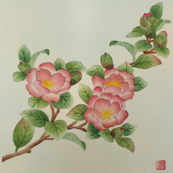 山茶花の手描き色紙ミニ掛け軸 2枚目の画像