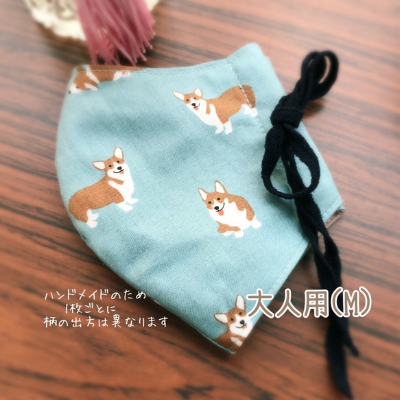 【再販】くすみブルー 可愛い ワンちゃんの3層マスク コーギー 犬 大人用 M レディス 3枚目の画像