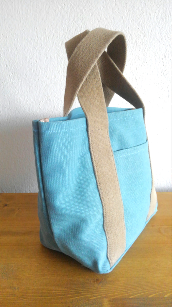 【SALE】鮮やかなブルーのミニトートバッグ(帆布・ヴィンテージ風加工) 3枚目の画像