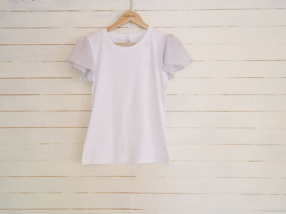 white　グレーブルー　 バタフライスリーブ　Tシャツ 4枚目の画像