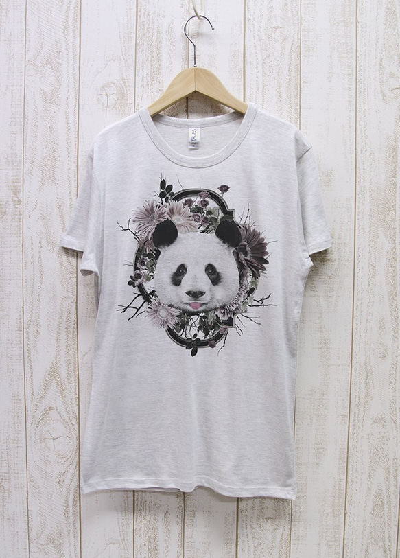 ronronPANDA Tee　Flower Frame（ヘザーホワイト） / R025-TT-HWH 1枚目の画像