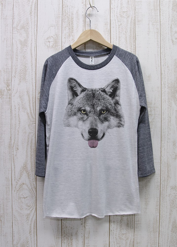 ronronWOLF T卹Raglan 3/4袖Beh（HWH×HBK）/ R022-R-HWH 第1張的照片