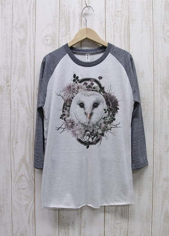 ronronBARNOWL Tee Raglan四分之三的袖子（希瑟·白x希瑟·黑）/ R026-R-HWH 第1張的照片