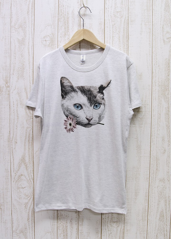 ronronCAT Tee　Here you go（ヘザーホワイト） / R028-TT-HWH 1枚目の画像