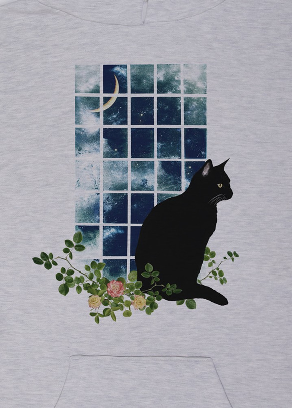 佇む黒猫 パーカー　窓辺MOON（ヘザーホワイト） / R031-P-HWH 2枚目の画像