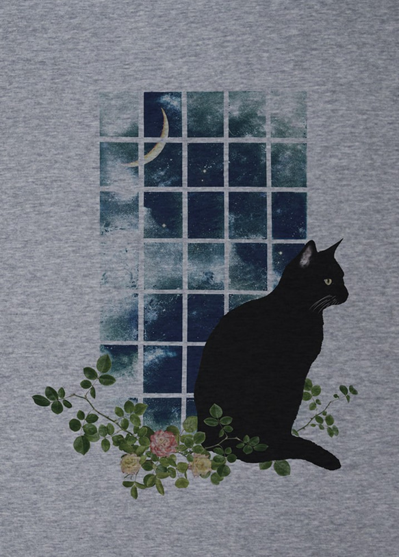 佇む黒猫 ワンピースTee　窓辺MOON（ヘザーグレー） / R031-O-GR 2枚目の画像