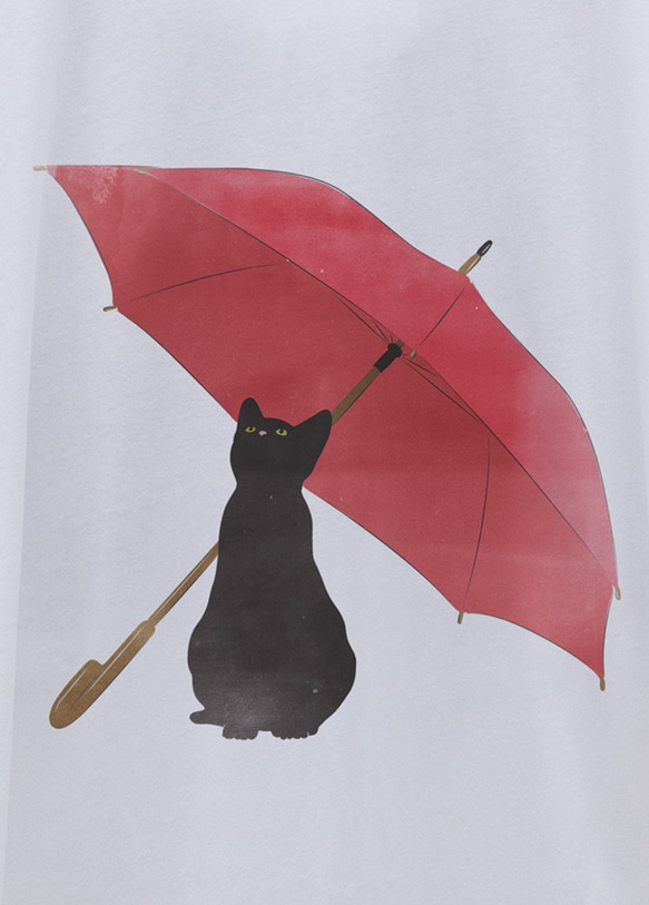 雨黑色貓咪一件T卹（白色）/ R039-O-WH 第2張的照片