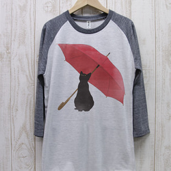 【在庫限り500円OFF】雨やどる黒猫Tee ラグラン七分袖（ヘザーホワイト×ヘザーブラック） / R039-R-HWH 1枚目の画像