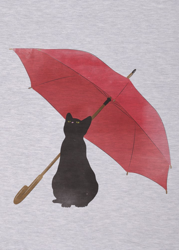 【在庫限り500円OFF】雨やどる黒猫Tee ラグラン七分袖（ヘザーホワイト×ヘザーブラック） / R039-R-HWH 2枚目の画像